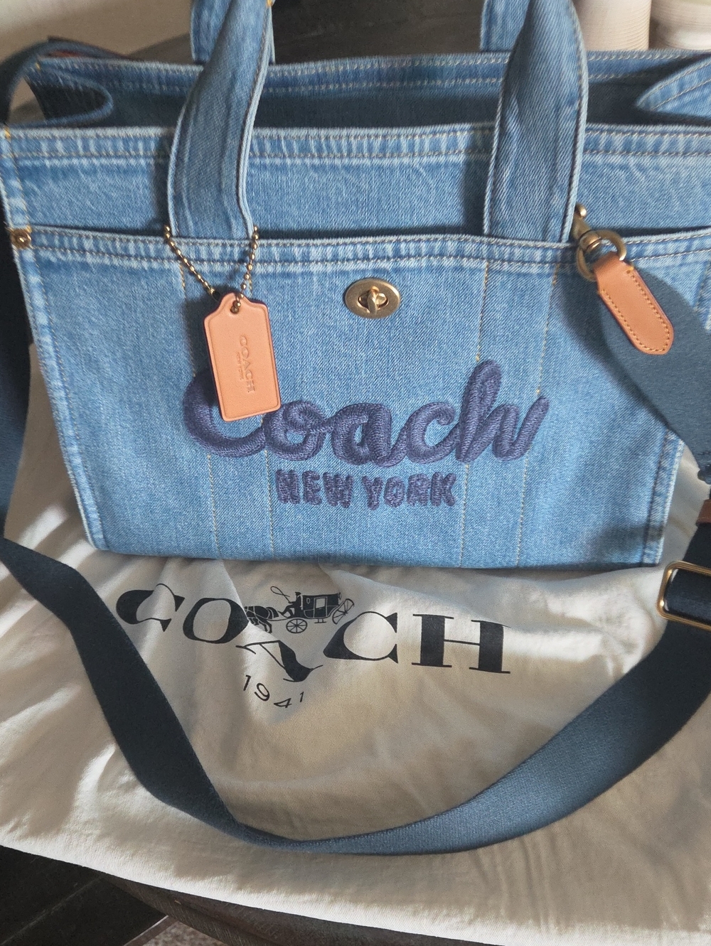 Coach Light Blue Denim Tote with Navy Embroidery and Tan Leather Trim